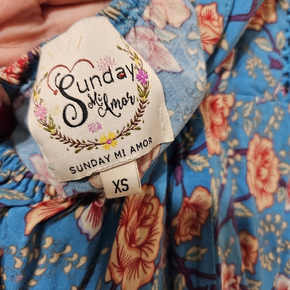 💟 Sunday Mi Amor Floral Open Back Mini High Neck Dress Blue Small - Picture 7 of 9